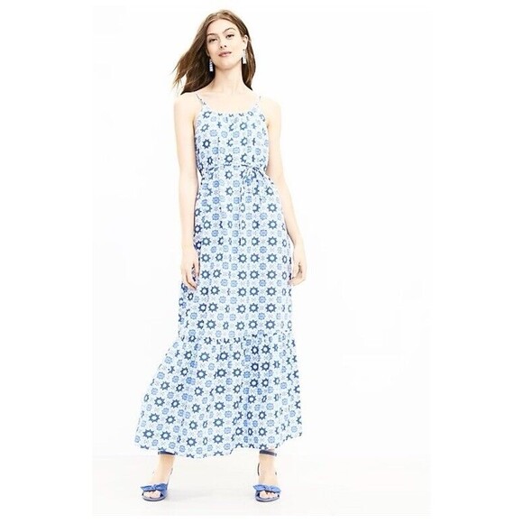 Loft Tiled Strappy Flounce Maxi Dress Linen Boho Blue Women's Medium Tiered - Picture 1 of 8